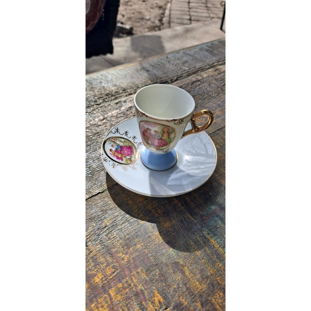 Vintage Antique Cameo French Couple Demitasse Porcelain Mini Cup & Saucer Plate